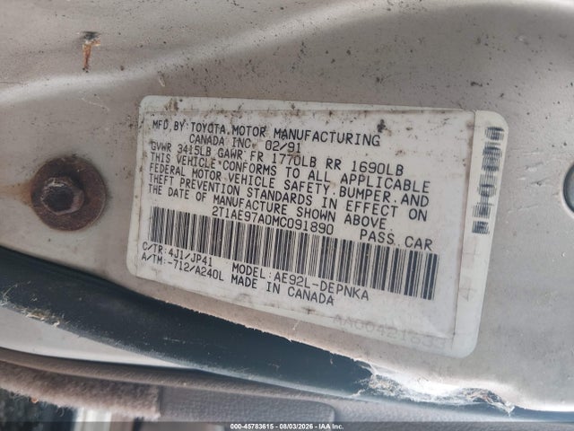 Auction sale of the 1991 Toyota Corolla Le/dlx, vin: 2T1AE97A0MC091890, lot number: 45783615