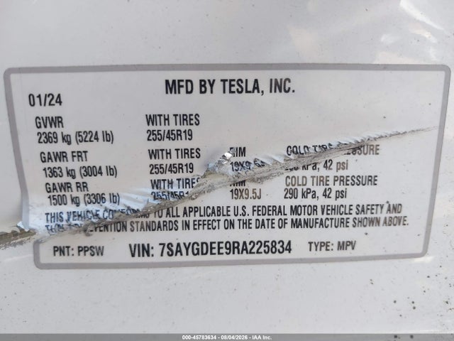 Продаж на аукціоні авто 2024 Tesla Model Y Long Range Dual Motor All-wheel Drive, vin: 7SAYGDEE9RA225834, номер лоту: 45783634