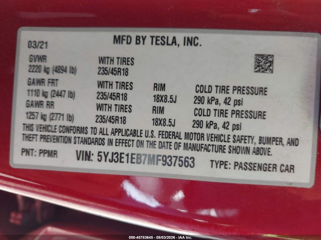 Tesla Model 3 Long Range Dual Motor All-wheel Drive 2021 5YJ3E1EB7MF937563 Image 9