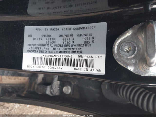 45783649 :رقم المزاد ، JM1BPBAM9K1115842 vin ، 2019 Mazda Mazda3 Select Package مزاد بيع
