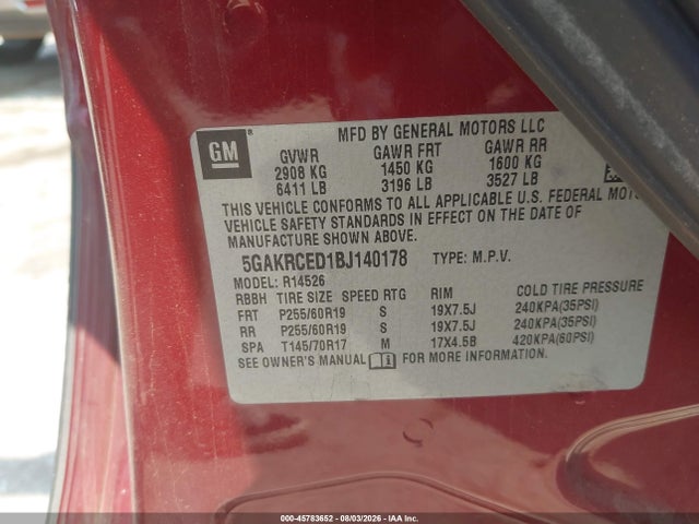 2011 Buick Enclave 2xl მანქანა იყიდება აუქციონზე, vin: 5GAKRCED1BJ140178, აუქციონის ნომერი: 45783652