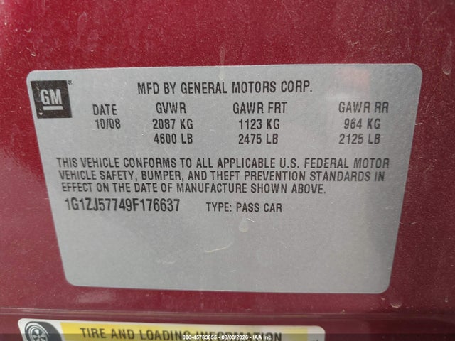 2009 Chevrolet Malibu Lt მანქანა იყიდება აუქციონზე, vin: 1G1ZJ57749F176637, აუქციონის ნომერი: 45783655