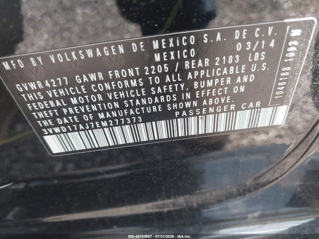 2014 Volkswagen Jetta 1.8t Se მანქანა იყიდება აუქციონზე, vin: 3VWD17AJ7EM277373, აუქციონის ნომერი: 45783657