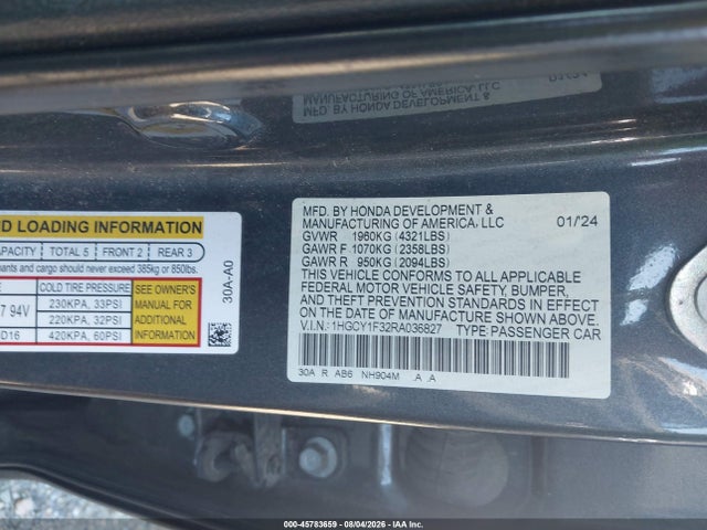Продажа на аукционе авто 2024 Honda Accord Ex, vin: 1HGCY1F32RA036827, номер лота: 45783659