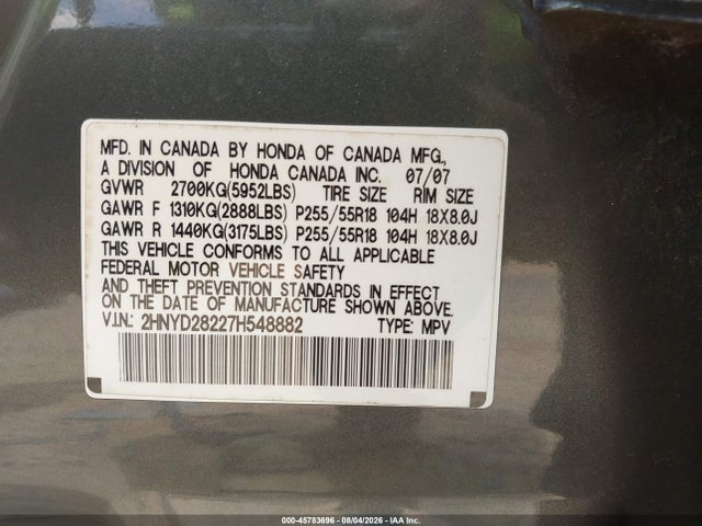 45783696 :رقم المزاد ، 2HNYD28227H548882 vin ، 2007 Acura Mdx مزاد بيع