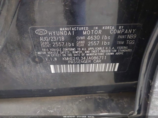 Продаж на аукціоні авто 2018 Hyundai Sonata Hybrid Se, vin: KMHE24L34JA086711, номер лоту: 45783701