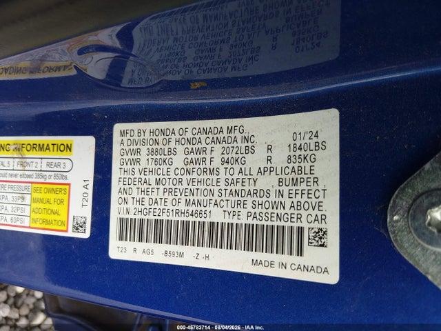 2HGFE2F51RH546651 Honda Civic Sport