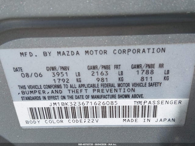 Aukcja sprzedaży 2007 Mazda Mazda3 S Touring, vin: JM1BK323671626085, numer aukcji: 45783720