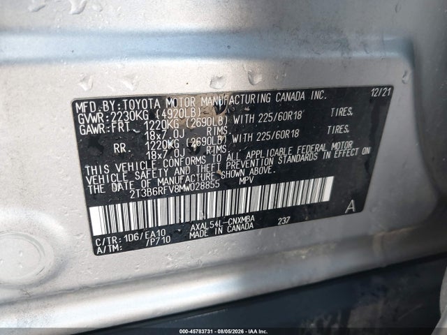 2T3B6RFV8MW028855 Toyota Rav4 Hybrid Xle Premium