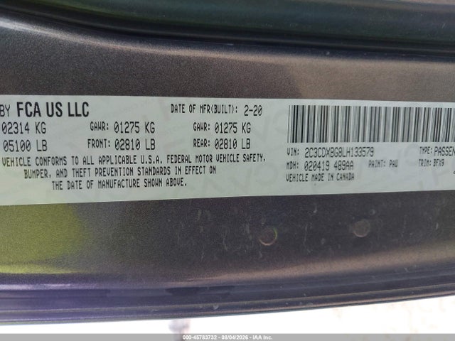 Продаж на аукціоні авто 2020 Dodge Charger Sxt Rwd, vin: 2C3CDXBG8LH133579, номер лоту: 45783732