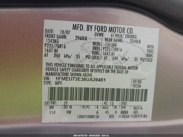 45783739 :رقم المزاد ، 1FMEU73E38UA39451 vin ، 2008 Ford Explorer Xlt مزاد بيع