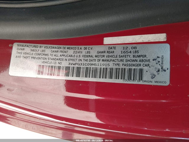 45783750 :رقم المزاد ، 3VWPG31C09M511915 vin ، 2009 Volkswagen New Beetle 2.5l مزاد بيع