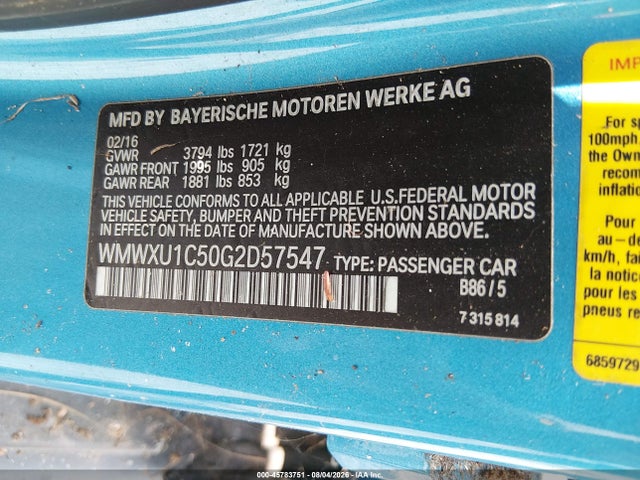 45783751 :رقم المزاد ، WMWXU1C50G2D57547 vin ، 2016 Mini Hardtop Cooper مزاد بيع