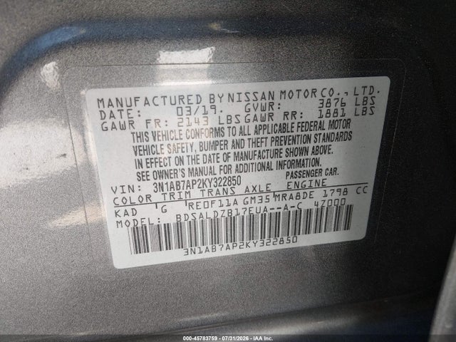 Aukcja sprzedaży 2019 Nissan Sentra Sv, vin: 3N1AB7AP2KY322850, numer aukcji: 45783759