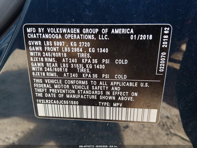 Продажа на аукционе авто 2018 Volkswagen Atlas 3.6l V6 Se/3.6l V6 Se W/technology, vin: 1V2LR2CA0JC551580, номер лота: 45783772