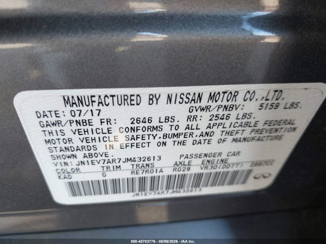 45783776 :رقم المزاد ، JN1EV7AR7JM432613 vin ، 2018 Infiniti Q50 3.0t Luxe مزاد بيع