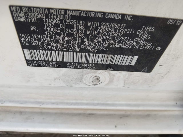 2012 Toyota Rav4 Limited მანქანა იყიდება აუქციონზე, vin: 2T3YF4DV7CW127598, აუქციონის ნომერი: 45783778