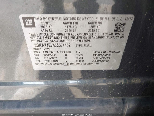 Aukcja sprzedaży 2018 Chevrolet Equinox Lt, vin: 3GNAXJEV4JS574452, numer aukcji: 45783781