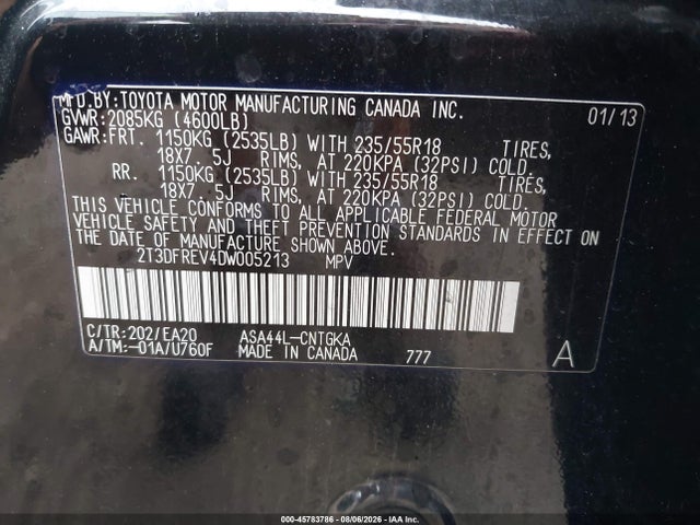 45783786 :رقم المزاد ، 2T3DFREV4DW005213 vin ، 2013 Toyota Rav4 Limited مزاد بيع