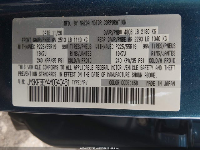 2021 Mazda Cx-5 Signature მანქანა იყიდება აუქციონზე, vin: JM3KFBEY4M0340461, აუქციონის ნომერი: 45783792