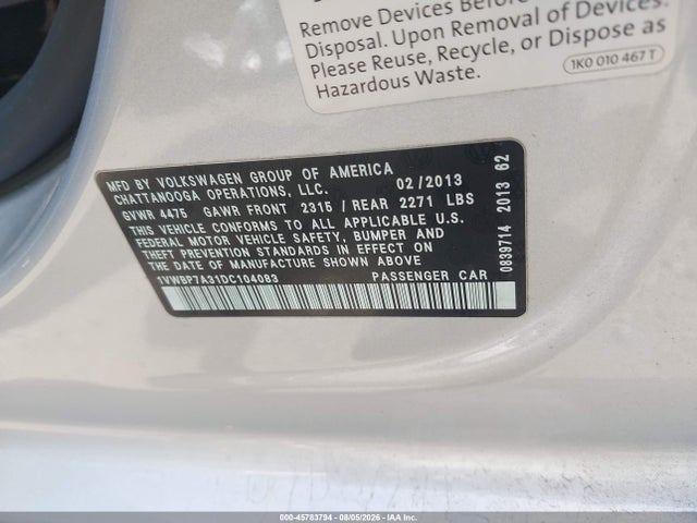Продажа на аукционе авто 2013 Volkswagen Passat 2.5l Se, vin: 1VWBP7A31DC104083, номер лота: 45783794