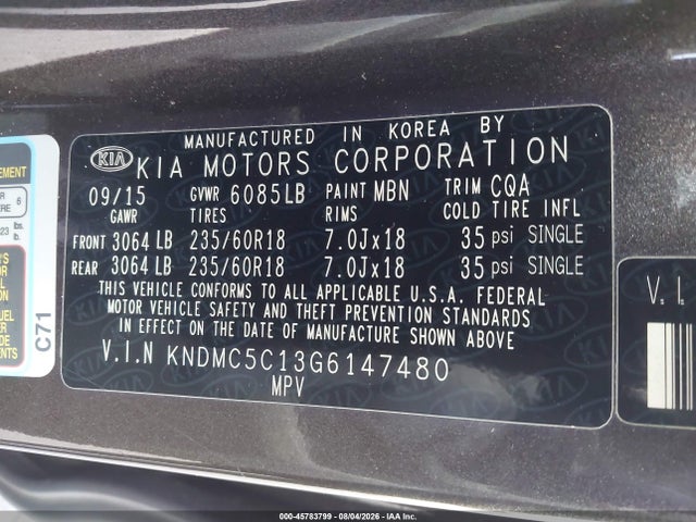 45783799 :رقم المزاد ، KNDMC5C13G6147480 vin ، 2016 Kia Sedona Sx مزاد بيع