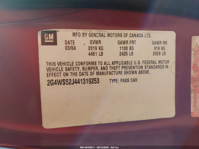 45783811 :رقم المزاد ، 2G4WS52J441319253 vin ، 2004 Buick Century مزاد بيع