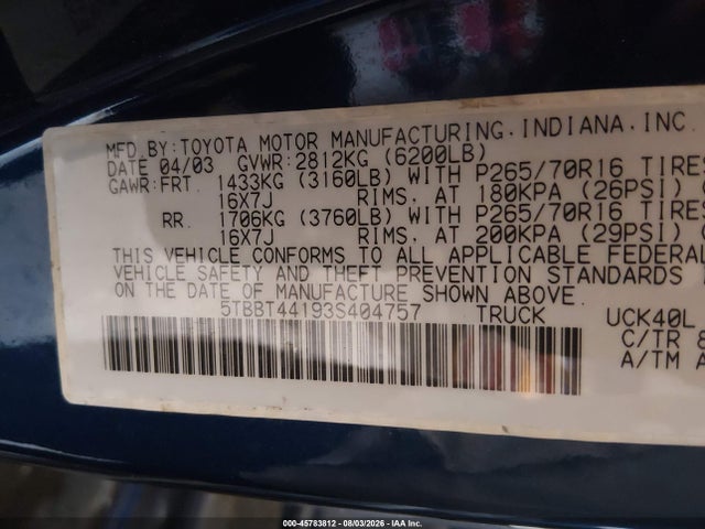 Aukcja sprzedaży 2003 Toyota Tundra Sr5 V8, vin: 5TBBT44193S404757, numer aukcji: 45783812