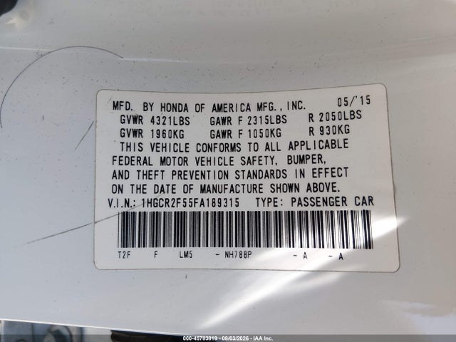 1HGCR2F55FA189315 Honda Accord Sport