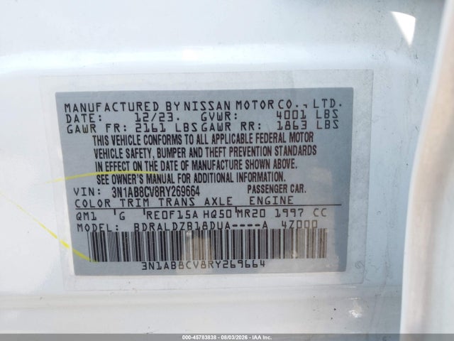 45783838 :رقم المزاد ، 3N1AB8CV8RY269664 vin ، 2024 Nissan Sentra Sv Xtronic Cvt مزاد بيع