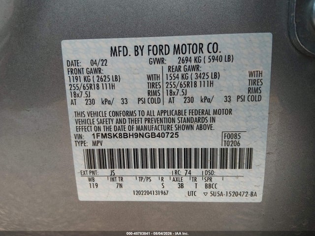 45783841 :رقم المزاد ، 1FMSK8BH9NGB40725 vin ، 2022 Ford Explorer مزاد بيع