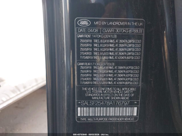 45783848 :رقم المزاد ، SALSF25478A176797 vin ، 2008 Land Rover Range Rover Sport Hse مزاد بيع