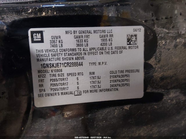 45783849 :رقم المزاد ، 1GNSKJE71CR288844 vin ، 2012 Chevrolet Suburban Lt مزاد بيع