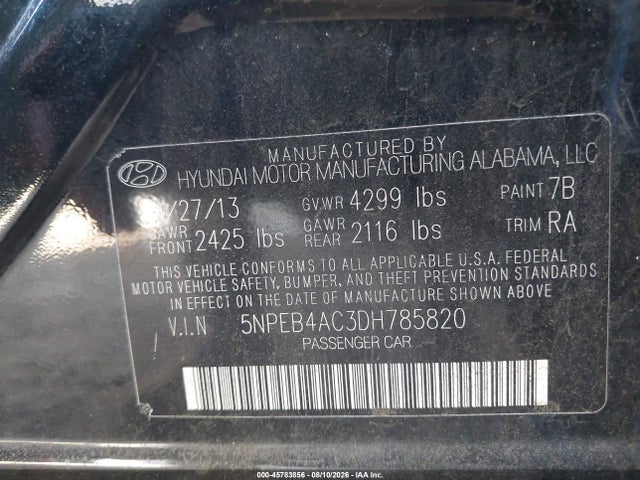 45783856 :رقم المزاد ، 5NPEB4AC3DH785820 vin ، 2013 Hyundai Sonata Gls مزاد بيع