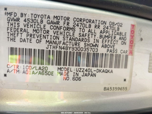 45783867 :رقم المزاد ، JTHFN48Y930035703 vin ، 2003 Lexus Sc 430 مزاد بيع