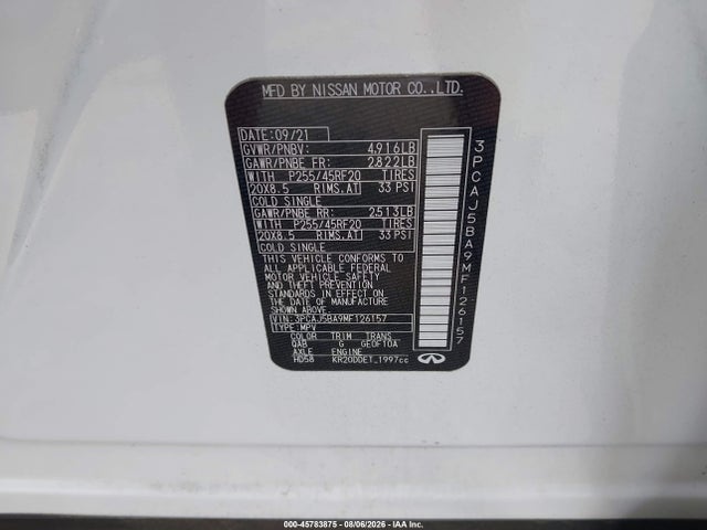 Продаж на аукціоні авто 2021 Infiniti Qx50 Luxe, vin: 3PCAJ5BA9MF126157, номер лоту: 45783875