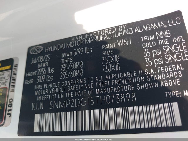 45783885 :رقم المزاد ، 5NMP2DG15TH073898 vin ، 2026 Hyundai Santa Fe Hybrid Sel مزاد بيع