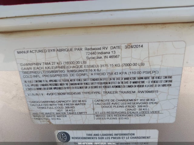 Auction sale of the 2015 Redwood Other, vin: 4V0FC3926FR004586, lot number: 45783886