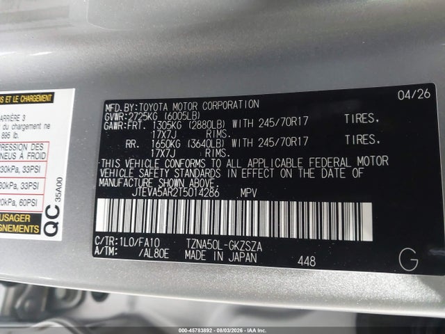 Aukcja sprzedaży 2026 Toyota 4runner Sr5, vin: JTEVA5AR2T5014286, numer aukcji: 45783892