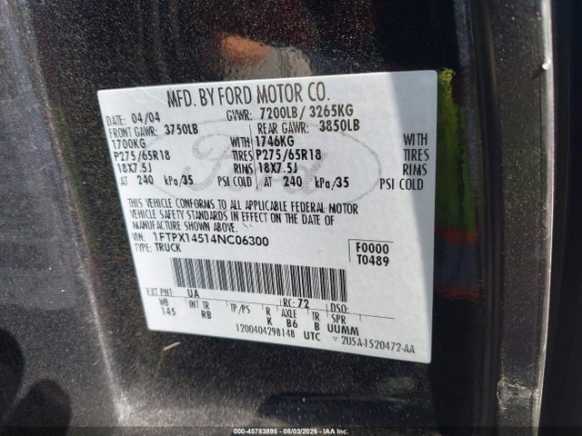 45783895 :رقم المزاد ، 1FTPX14514NC06300 vin ، 2004 Ford F-150 Fx4/lariat/xl/xlt مزاد بيع