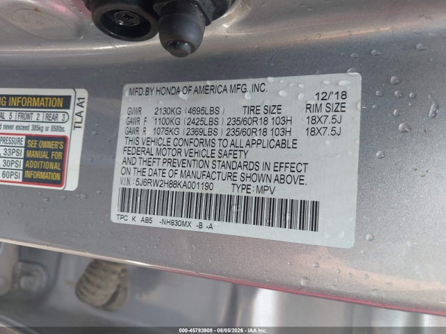 45783908 :رقم المزاد ، 5J6RW2H88KA001190 vin ، 2019 Honda Cr-v Ex-l مزاد بيع