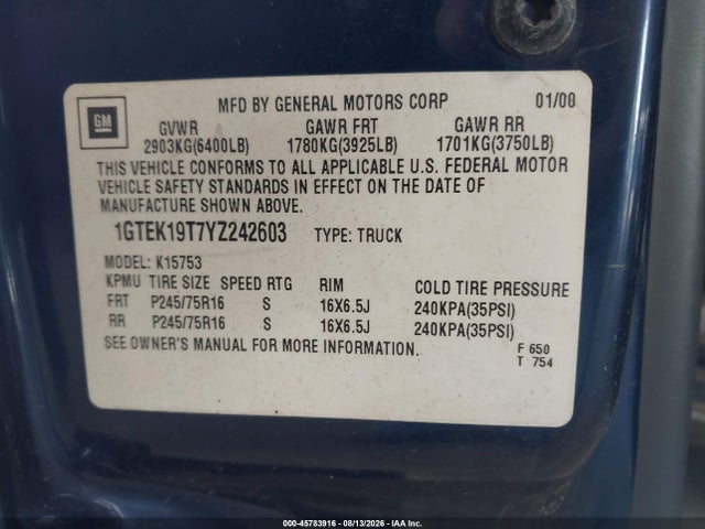 Продажа на аукционе авто 2000 Gmc Sierra 1500 Sle, vin: 1GTEK19T7YZ242603, номер лота: 45783916