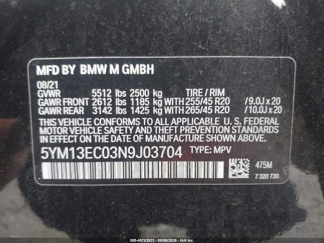 Aukcja sprzedaży 2022 Bmw X3 M, vin: 5YM13EC03N9J03704, numer aukcji: 45783923