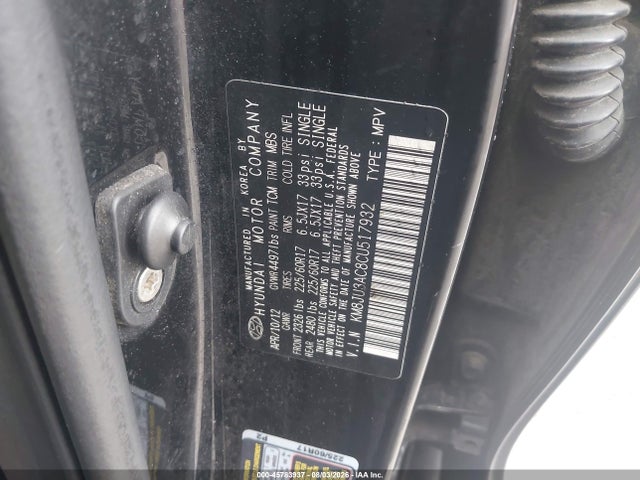 45783937 :رقم المزاد ، KM8JU3AC8CU517932 vin ، 2012 Hyundai Tucson Gls مزاد بيع