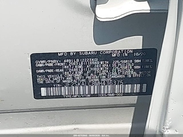 Aukcja sprzedaży 2021 Subaru Forester Sport, vin: JF2SKALC8MH436375, numer aukcji: 45783945