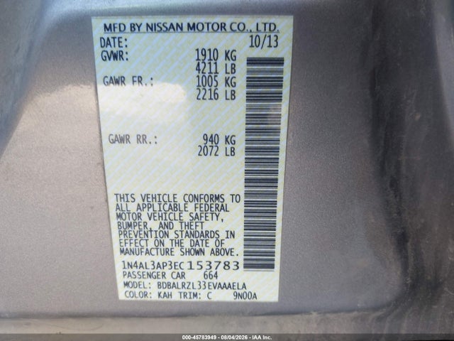 45783949 :رقم المزاد ، 1N4AL3AP3EC153783 vin ، 2014 Nissan Altima 2.5 S مزاد بيع
