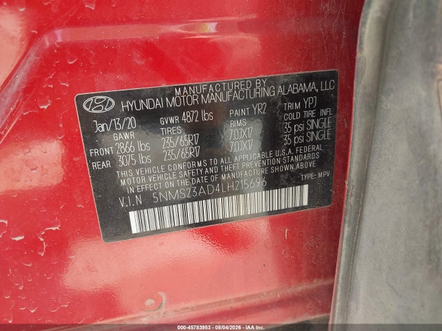 2020 Hyundai Santa Fe Se მანქანა იყიდება აუქციონზე, vin: 5NMS23AD4LH215696, აუქციონის ნომერი: 45783953