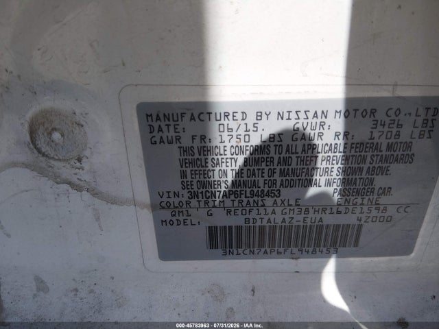 3N1CN7AP6FL948453 Nissan Versa 1.6 S+