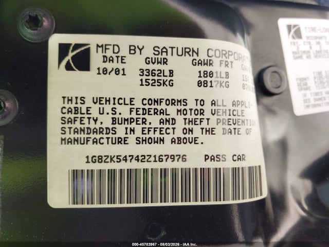 Продаж на аукціоні авто 2002 Saturn S-series Sl2, vin: 1G8ZK54742Z167976, номер лоту: 45783967