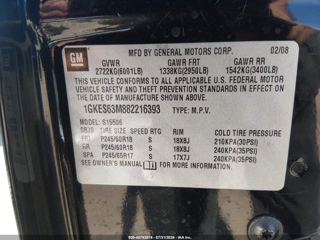 Продаж на аукціоні авто 2008 Gmc Envoy Denali, vin: 1GKES63M882216393, номер лоту: 45783974
